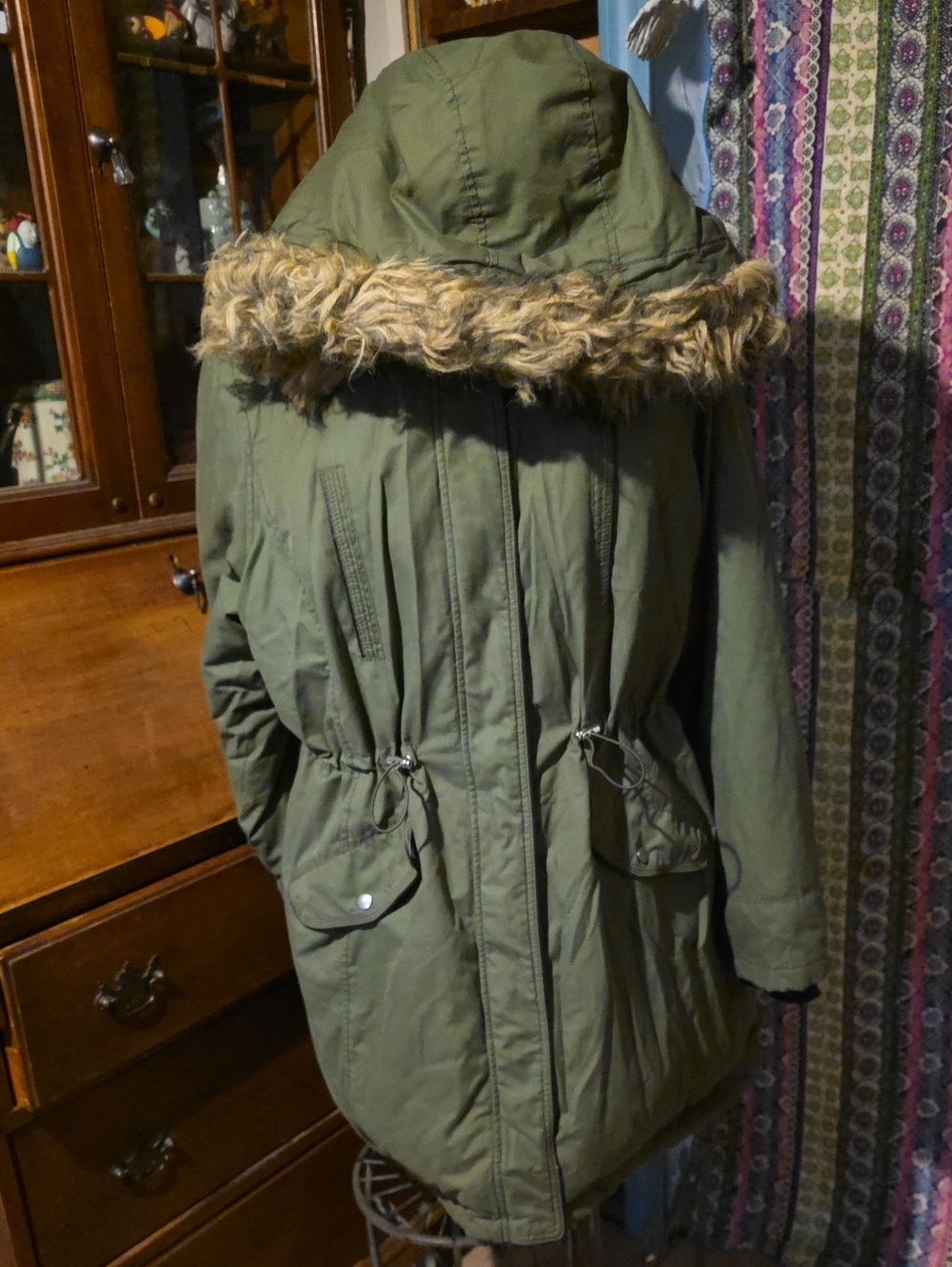 Women's Olive Green Hooded Parka Coat with Faux Fur Trim